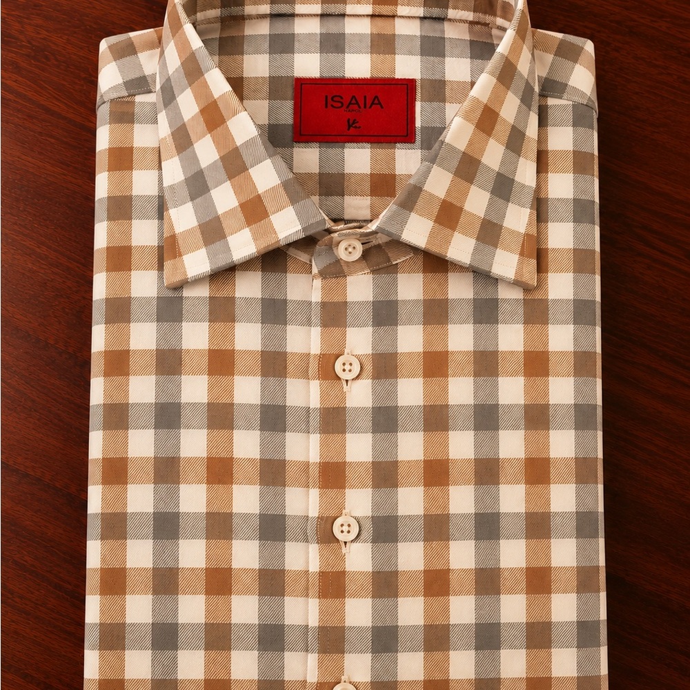 ISAIA Tan & Gray Checked Cotton Dress Shirt